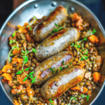 sausage and puy lentils in a frying pan
