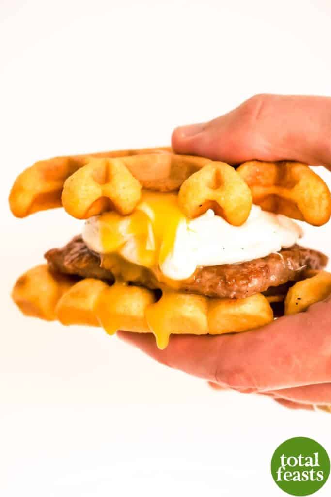 breakfast sandwich waffle with egg and sausage